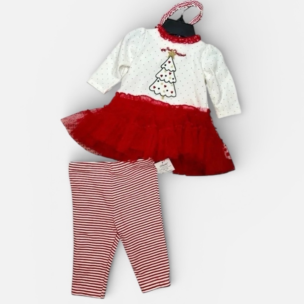 Little Me Baby Girls Red Sparkle Tree Dress Set Leggings Headband Sz 3 mo